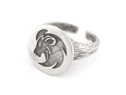 Lion Leo horoscope zodiac Ring Head Bark Textured Band Round Ring Adjustable Ring Antique silver plated brass (5 - 8.5US inner size) OZ4859
