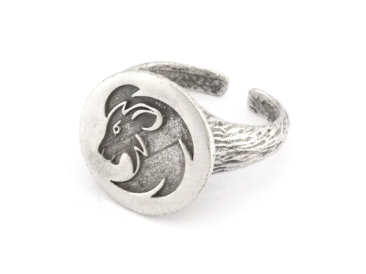 Lion Leo horoscope zodiac Ring Head Bark Textured Band Round Ring Adjustable Ring Antique silver plated brass (5 - 8.5US inner size) OZ4859