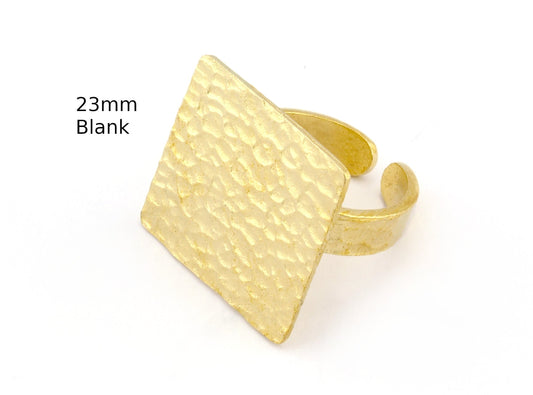 Square Hammered Adjustable Ring Blank Bezel Base - Raw Brass (23mm Blank ) 4934