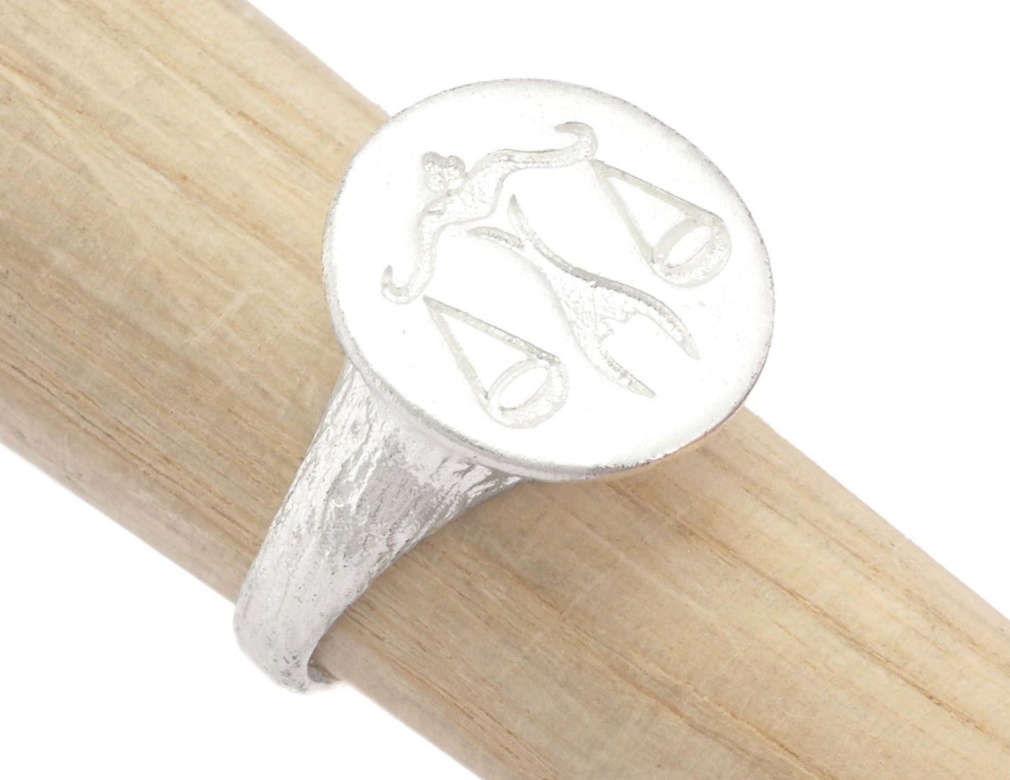 Libra Ring Scales Horoscope Bark Textured Band Round Ring Adjustable Ring Shiny silver plated brass (5 - 8.5US inner size) OZ4870