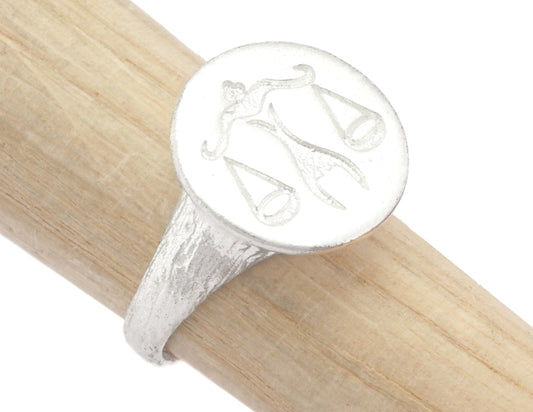 Libra Ring Scales Horoscope Bark Textured Band Round Ring Adjustable Ring Shiny silver plated brass (5 - 8.5US inner size) OZ4870