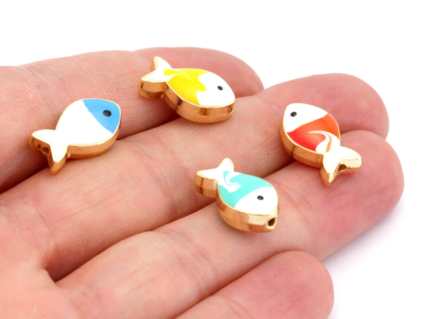 Fish Colorful Enamel Beads Charms (Both side enamel filled) Gold Tone 16x10mm 4941