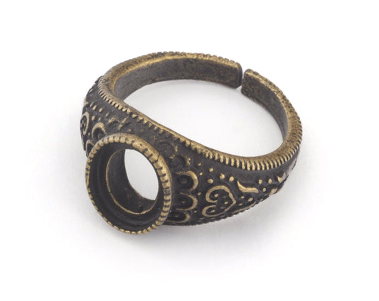 Oval Textured Signet Bezel Blank Ring Cabochon Base Setting Adjustable Antique bronze plated brass (10x8mm blank) Oz2027