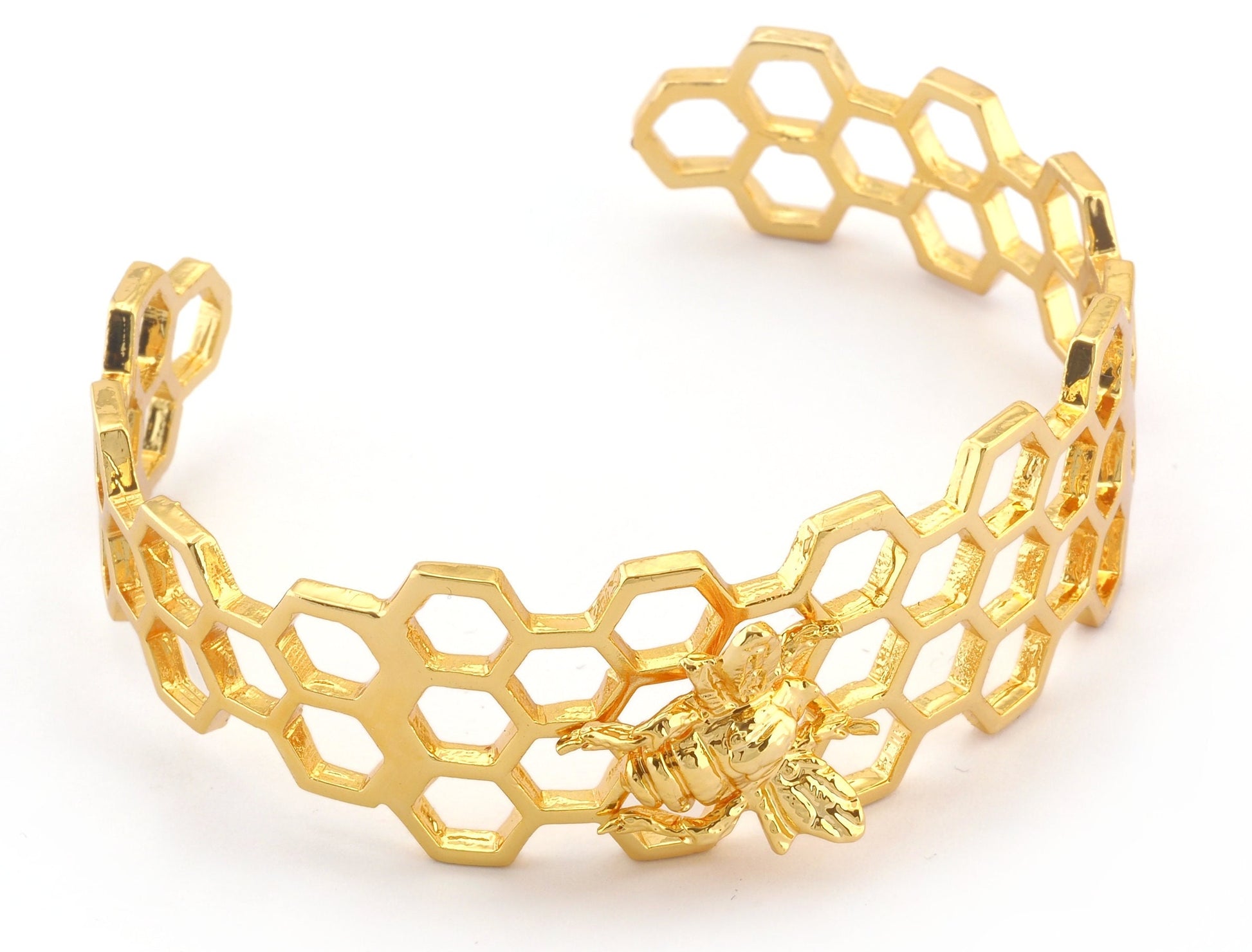 Bee Honey Comb Bracelet Cuff Shiny Gold (Nickel Lead Free plated ) brass (55mm inner size ) 4896