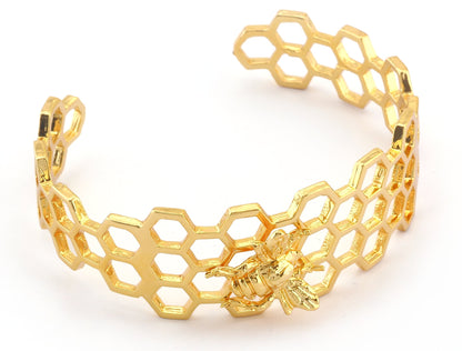 Bee Honey Comb Bracelet Cuff Shiny Gold (Nickel Lead Free plated ) brass (55mm inner size ) 4896