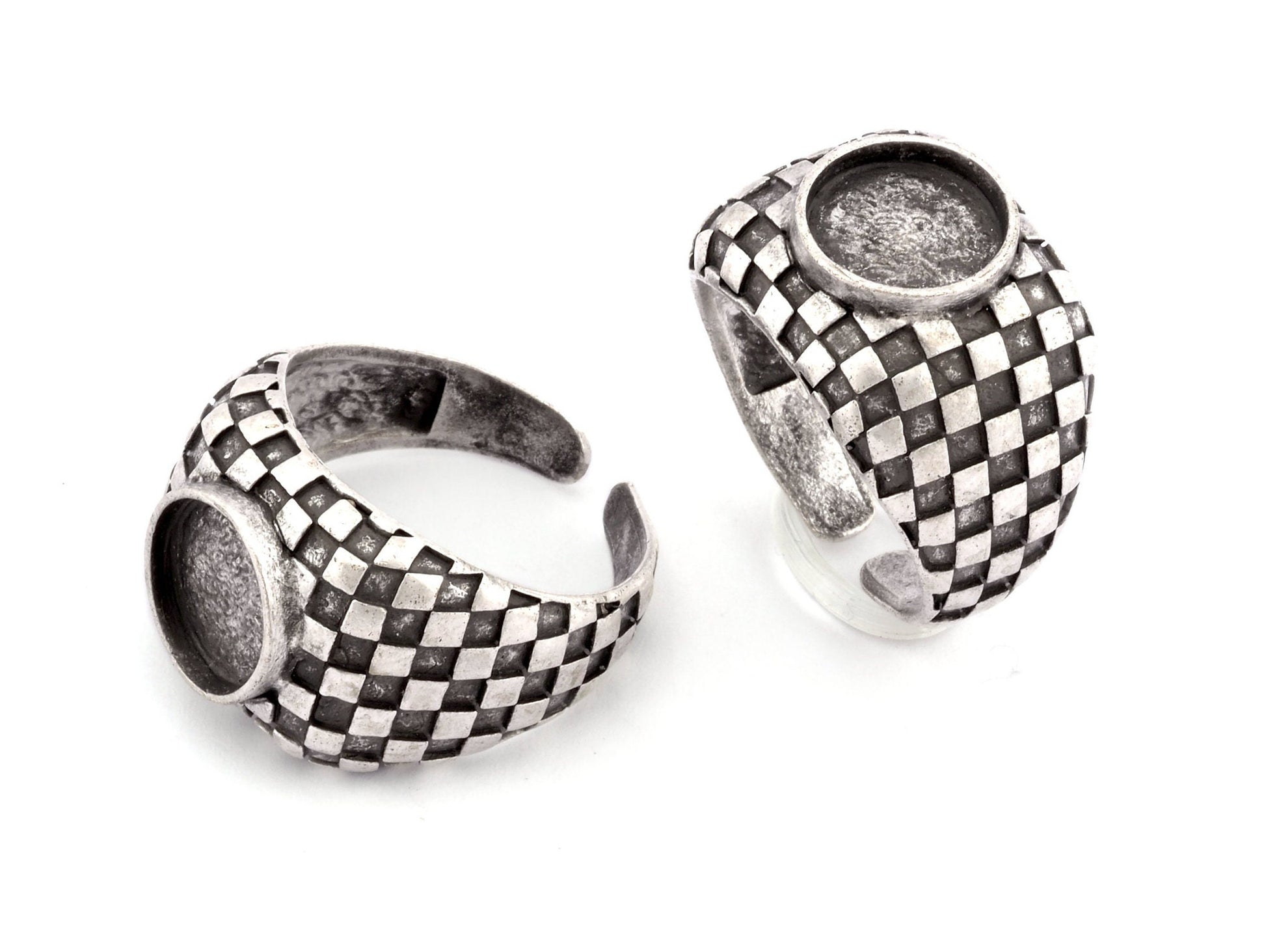 Square Checker Adjustable Ring Round Blank Bezel Setting - Antique Silver Plated Brass (10mm Blank ) 4918