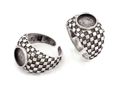 Square Checker Adjustable Ring Round Blank Bezel Setting - Antique Silver Plated Brass (10mm Blank ) 4918