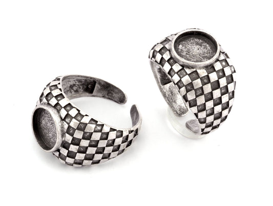 Square Checker Adjustable Ring Round Blank Bezel Setting - Antique Silver Plated Brass (10mm Blank ) 4918