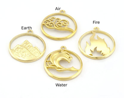 Four Elements Earth, Air, Water, Fire Symbols Charms Pendant Raw Brass (27x24mm) 4900