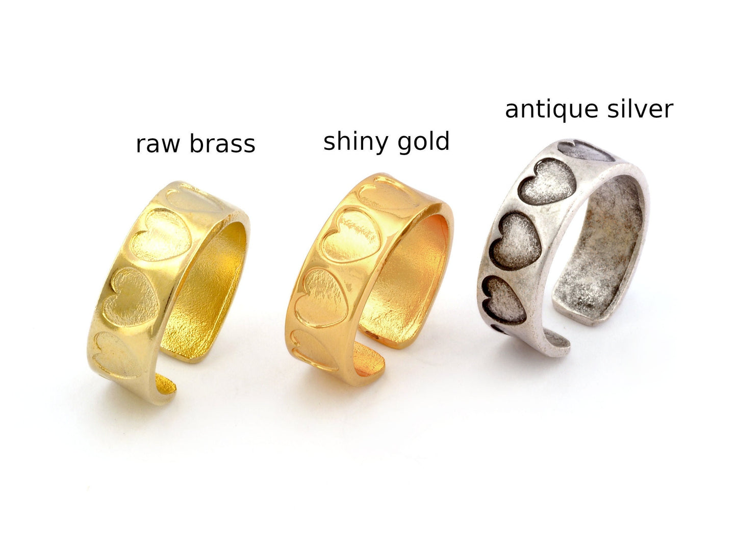 Heart Band Ring Embossment Adjustable Ring Raw Brass, Antique silver, Shiny gold plated (7-10US inner size) 4923