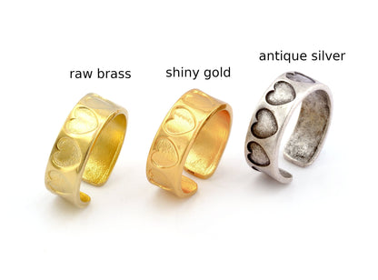 Heart Band Ring Embossment Adjustable Ring Raw Brass, Antique silver, Shiny gold plated (7-10US inner size) 4923