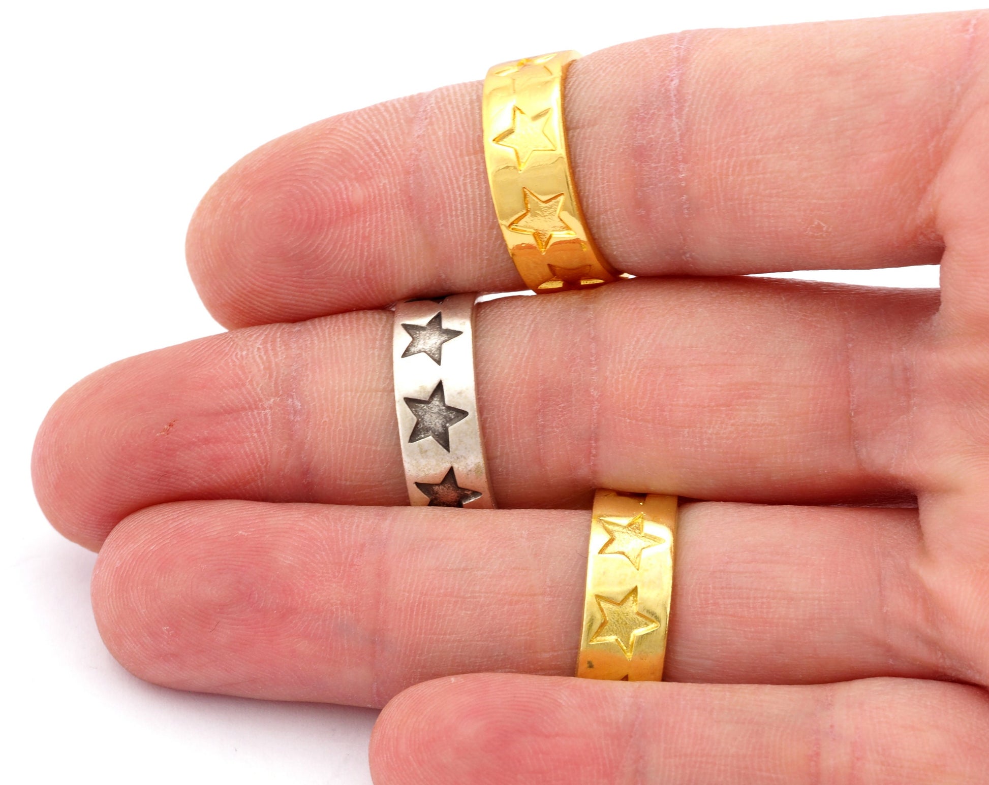 Star Band Ring Embossment Adjustable Ring Raw Brass, Antique silver, Shiny gold plated (7-10US inner size) 4924