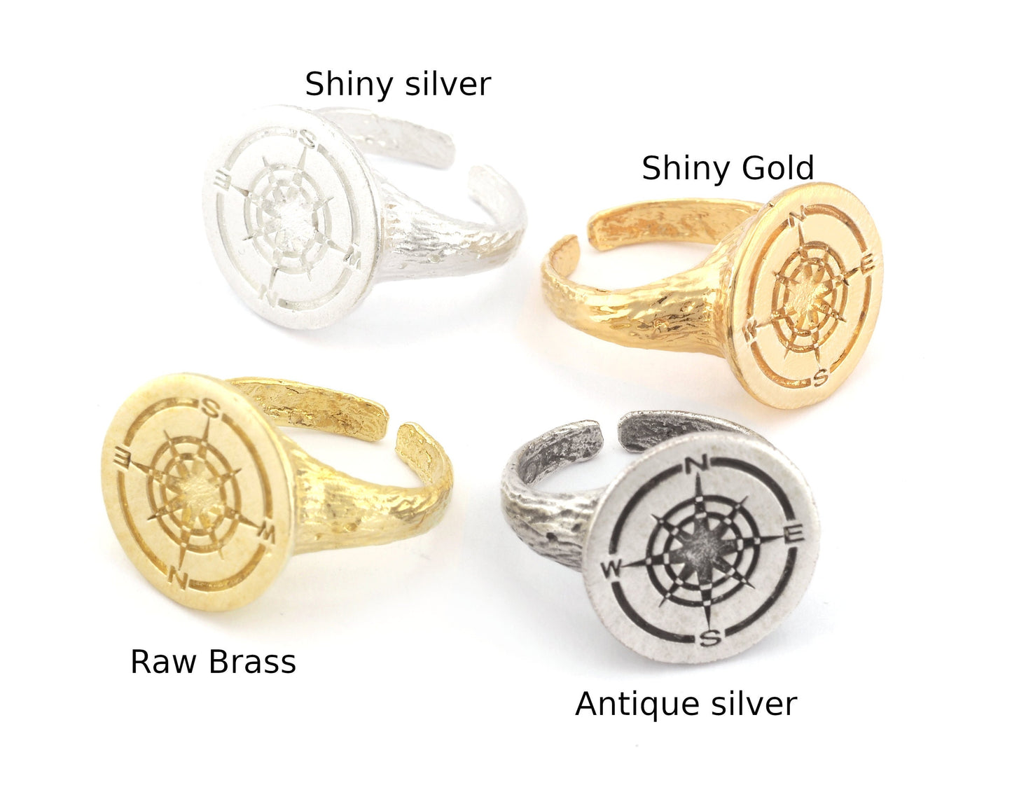 Compass North South West East Adjustable Ring Raw Brass - Shiny Silver - Antique silver - Shiny Gold Plated (6US - 9US inner size) 4909