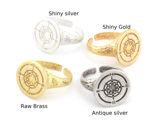 Compass North South West East Adjustable Ring Raw Brass - Shiny Silver - Antique silver - Shiny Gold Plated (6US - 9US inner size) 4909