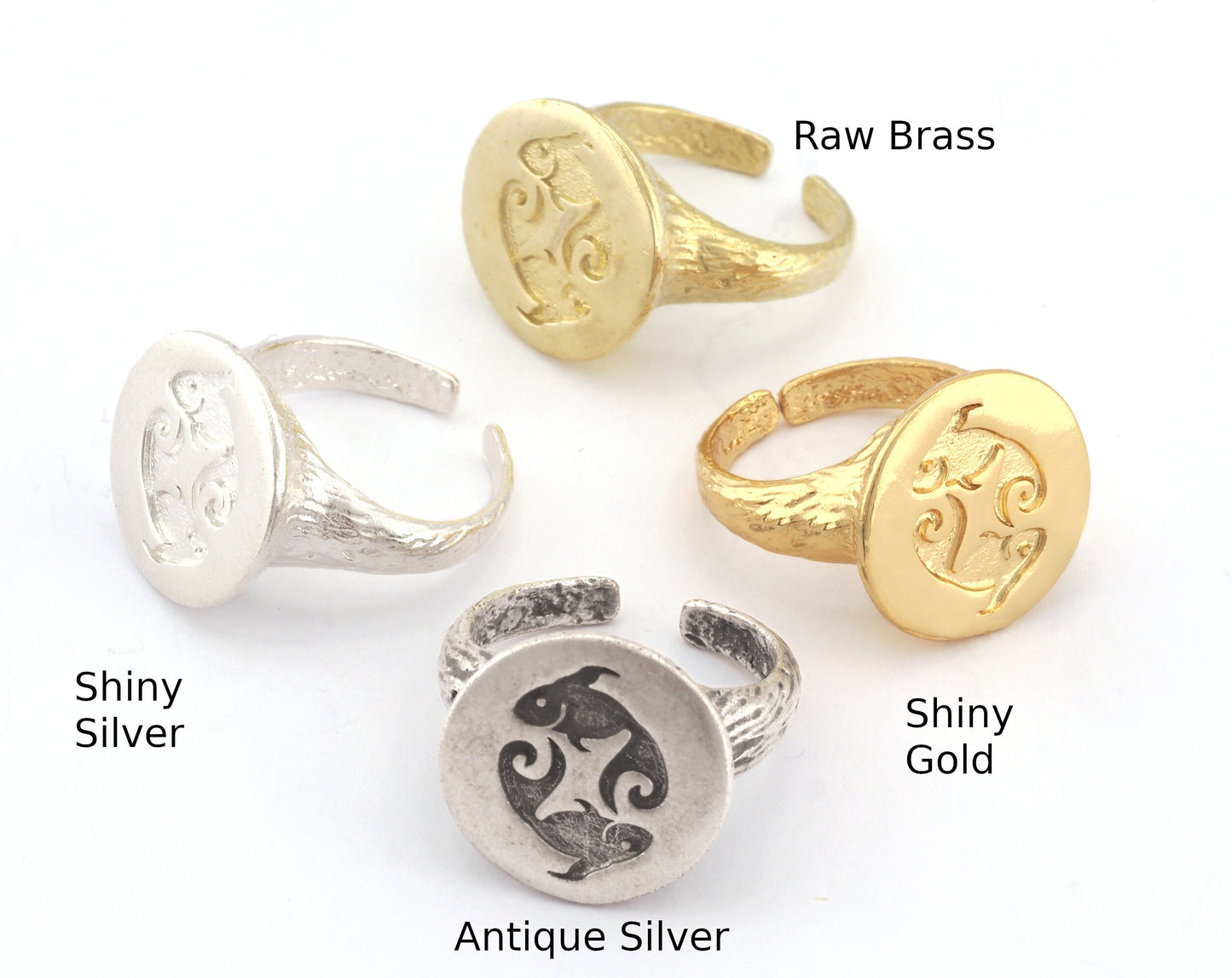 Pisces Ring Horoscope Bark Textured Adjustable Raw Brass - Shiny Silver - Antique silver - Shiny Gold Plated (6US - 9US inner size) 4912