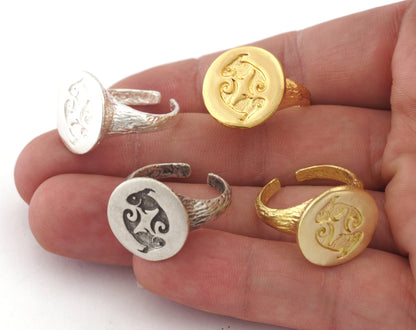 Pisces Ring Horoscope Bark Textured Adjustable Raw Brass - Shiny Silver - Antique silver - Shiny Gold Plated (6US - 9US inner size) 4912