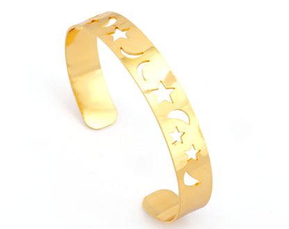 Bracelet Star Crescent Moon Shape Cuff Base Laser Handmade Cut (Size Medium - Large) Shiny gold plated brass 4856