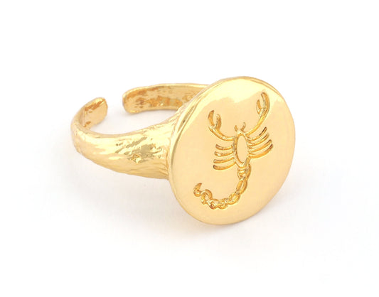 Scorpion Horoscope Zodiac Ring Bark Textured Band Round Ring Adjustable Shiny gold plated brass (5 - 8.5US inner size) OZ4858