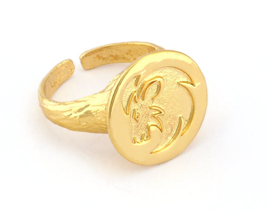 Lion Ring Leo horoscope zodiac Head Bark Textured Band Round Ring Adjustable Shiny gold plated brass (5 - 8.5US inner size) OZ4859