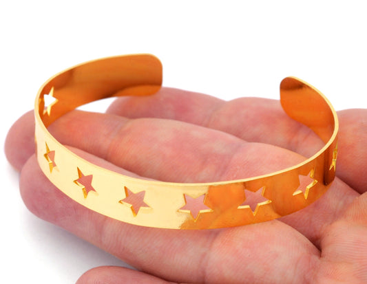 Bracelet Star Stars Shape Cuff Base Laser Handmade Cut (Size Medium - Large) Shiny gold plated brass 4856