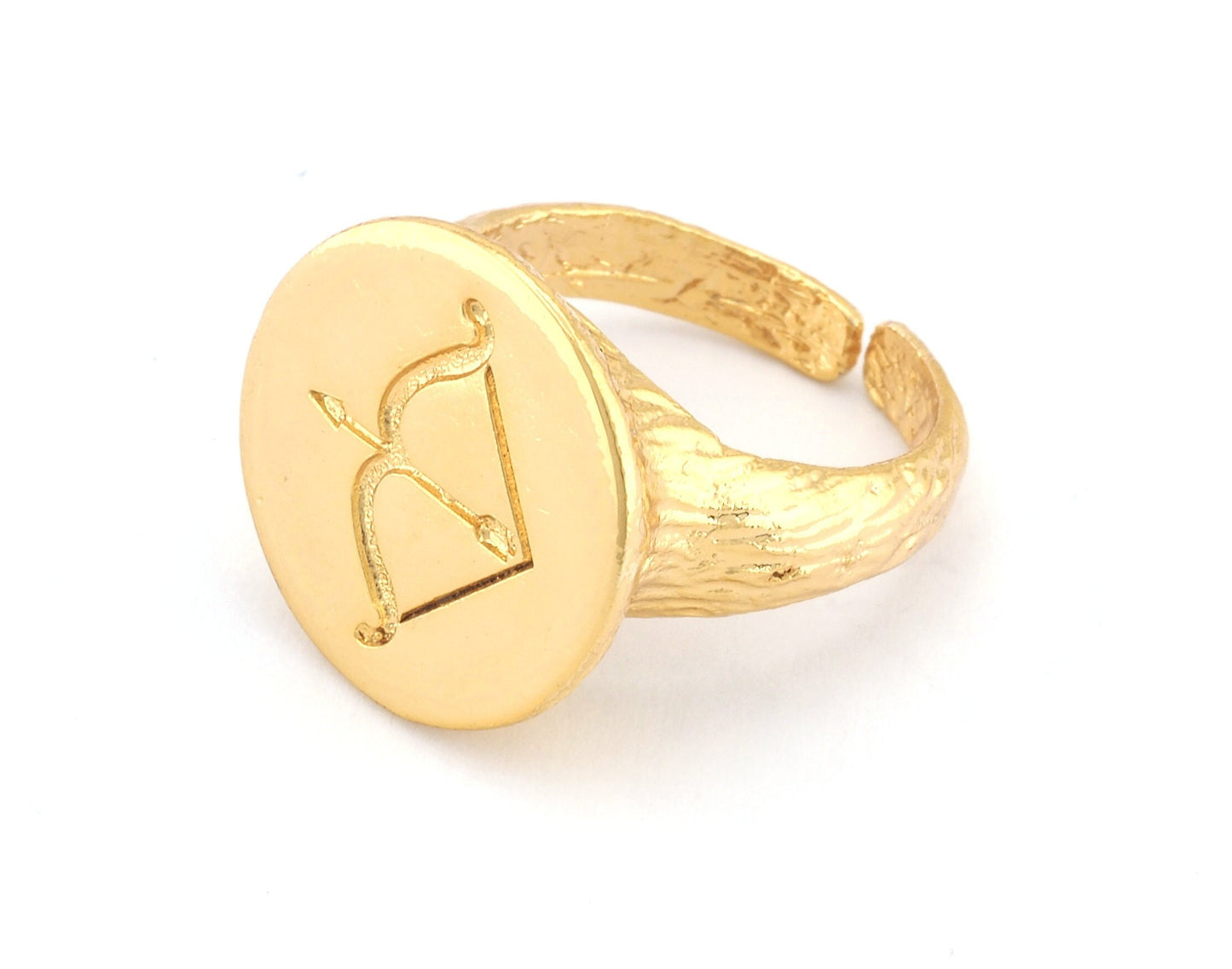 Bow Sagittarius Ring Horoscope Bark Textured Band Round Ring Adjustable Shiny gold plated brass (5 - 8.5US inner size) OZ4861