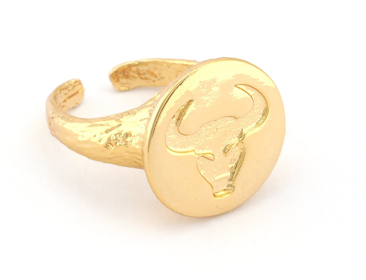 Bull Taurus Ring Horoscope Zodiac Horn Bark Textured Band Round Ring Adjustable Ring Shiny gold plated brass (5 - 8.5US inner size) OZ4860