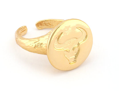 Bull Taurus Ring Horoscope Zodiac Horn Bark Textured Band Round Ring Adjustable Ring Shiny gold plated brass (5 - 8.5US inner size) OZ4860