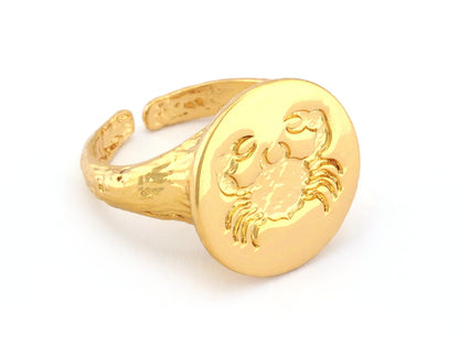 Crab Cancer Horoscope Ring Bark Textured Band Round Ring Adjustable Shiny Gold Plated brass (5 - 8.5US inner size) OZ4862