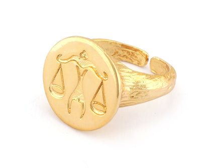 Libra Ring Scales Horoscope Bark Textured Band Round Ring Adjustable Shiny gold plated brass (5 - 8.5US inner size) OZ4870