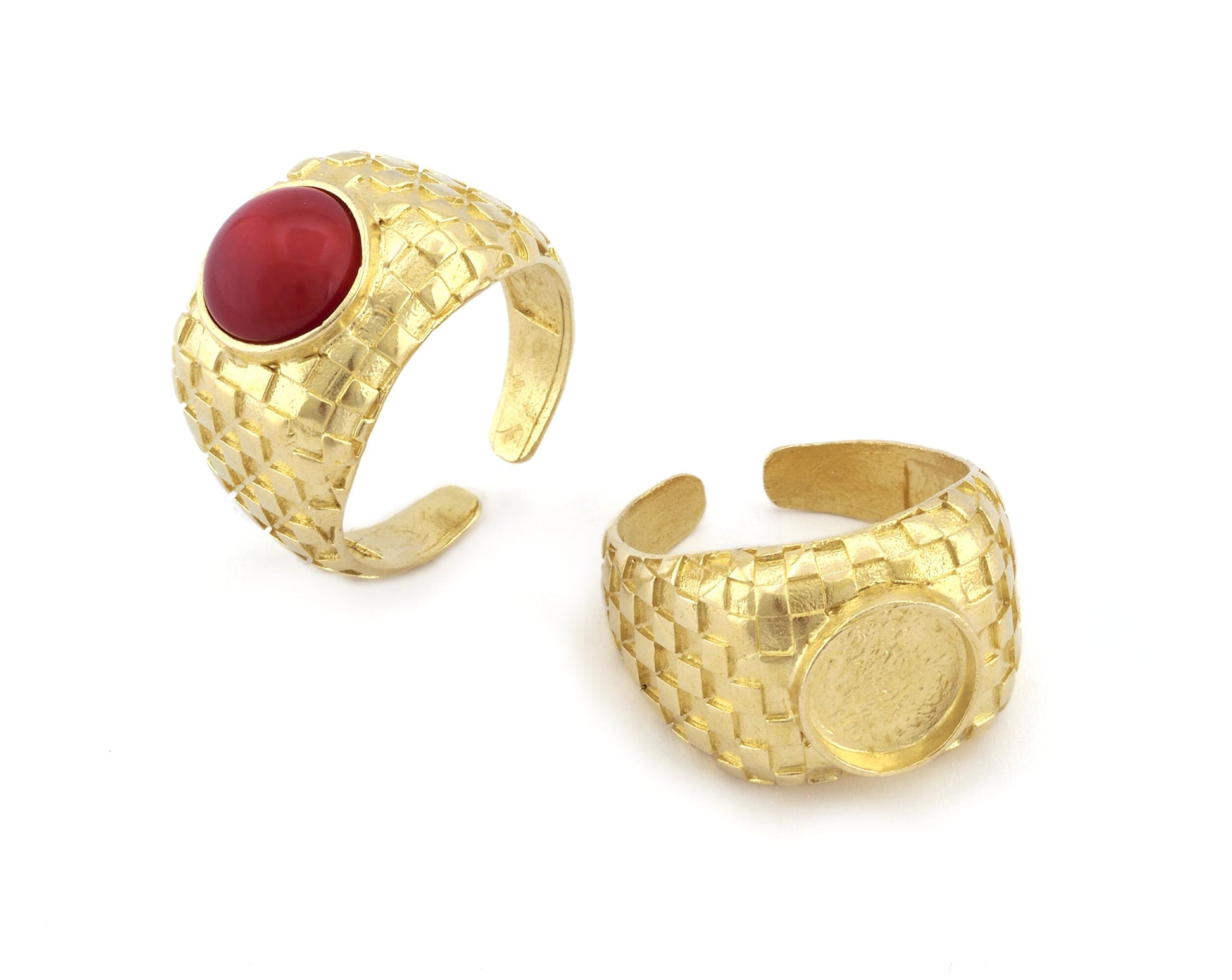 Square Checker Adjustable Ring Round Blank Bezel Setting - Raw Brass (10mm Blank ) 4918