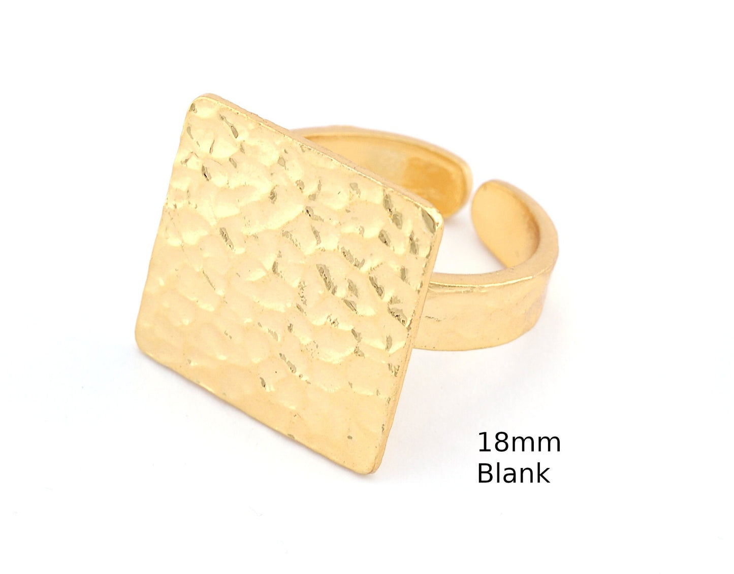 Square Hammered Adjustable Ring Blank - Shiny Gold Plated Brass (18mm Blank ) 4950