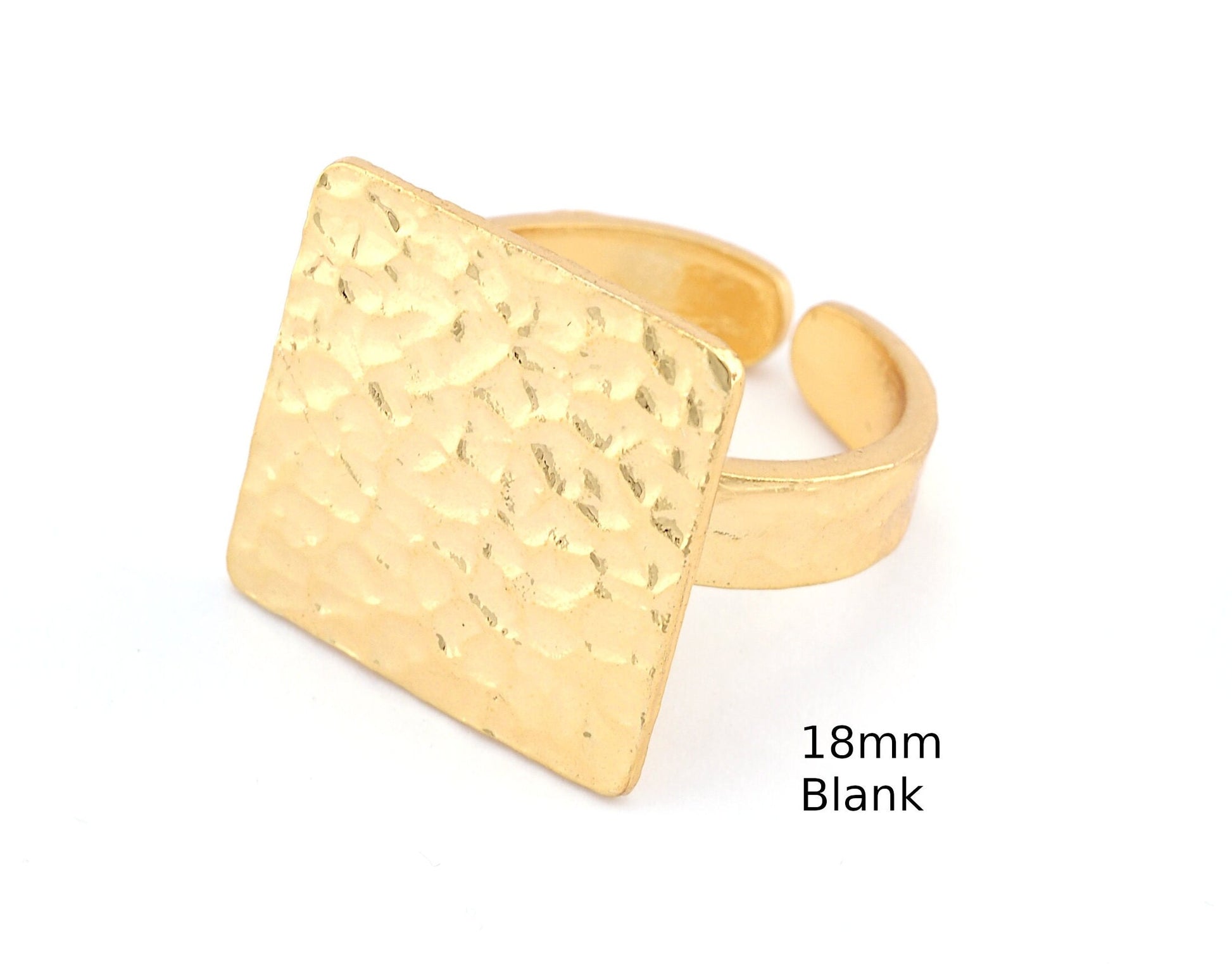 Square Hammered Adjustable Ring Blank - Shiny Gold Plated Brass (18mm Blank ) 4950