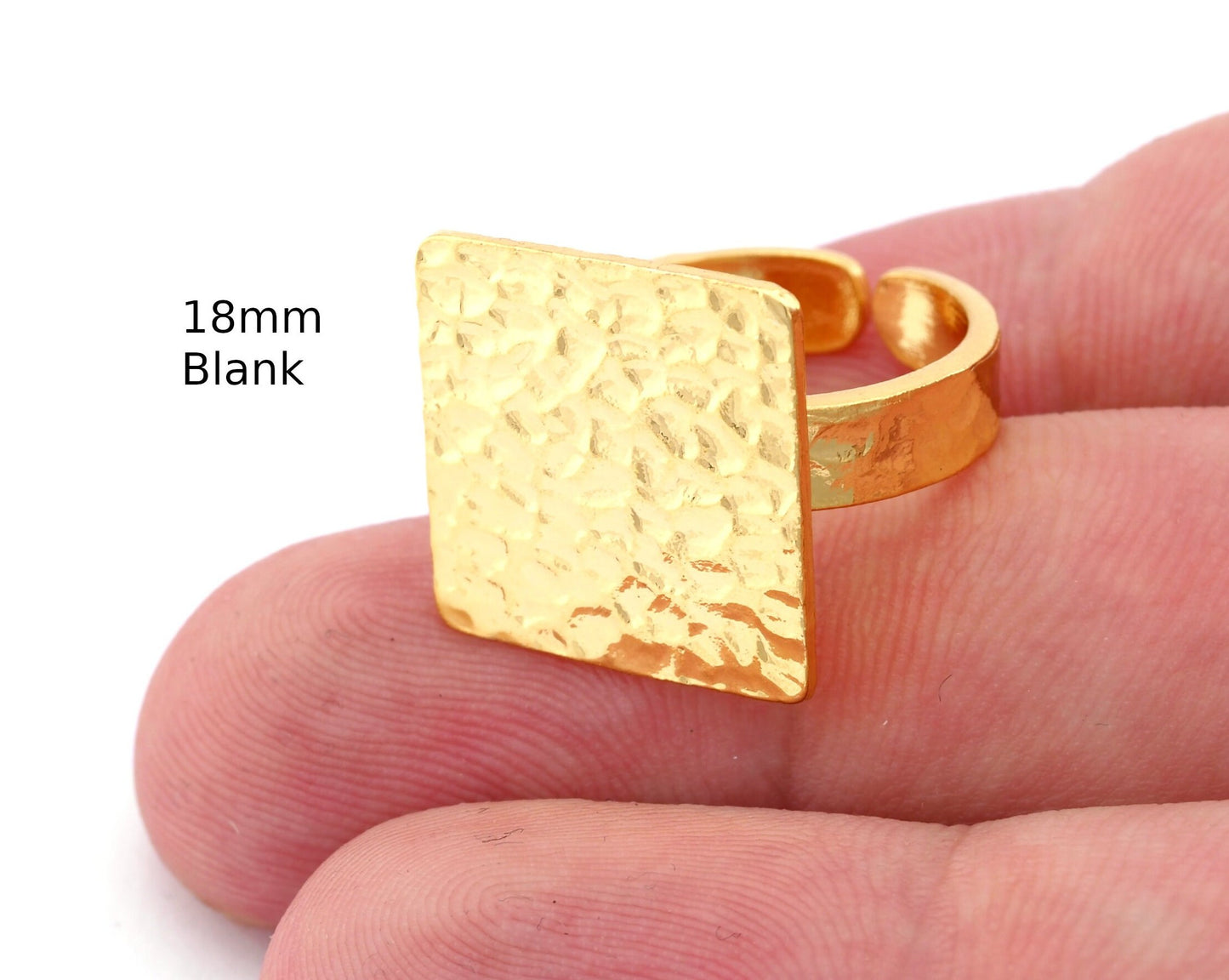 Square Hammered Adjustable Ring Blank - Shiny Gold Plated Brass (18mm Blank ) 4950