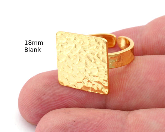 Square Hammered Adjustable Ring Blank - Shiny Gold Plated Brass (18mm Blank ) 4950