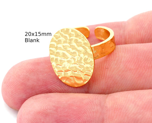Oval Hammered Adjustable Ring Blank - Shiny Gold Plated Brass (20x15mm Blank ) 4949