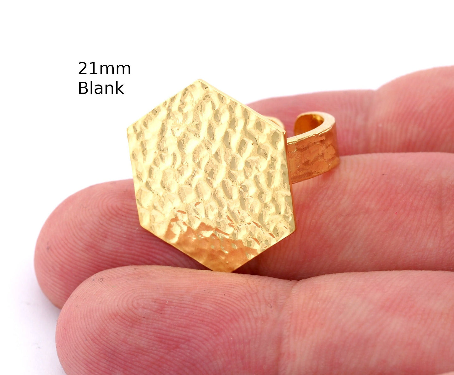 Hexagonal Hammered Adjustable Ring Blank - Shiny Gold Plated Brass (21mm Blank ) 4946