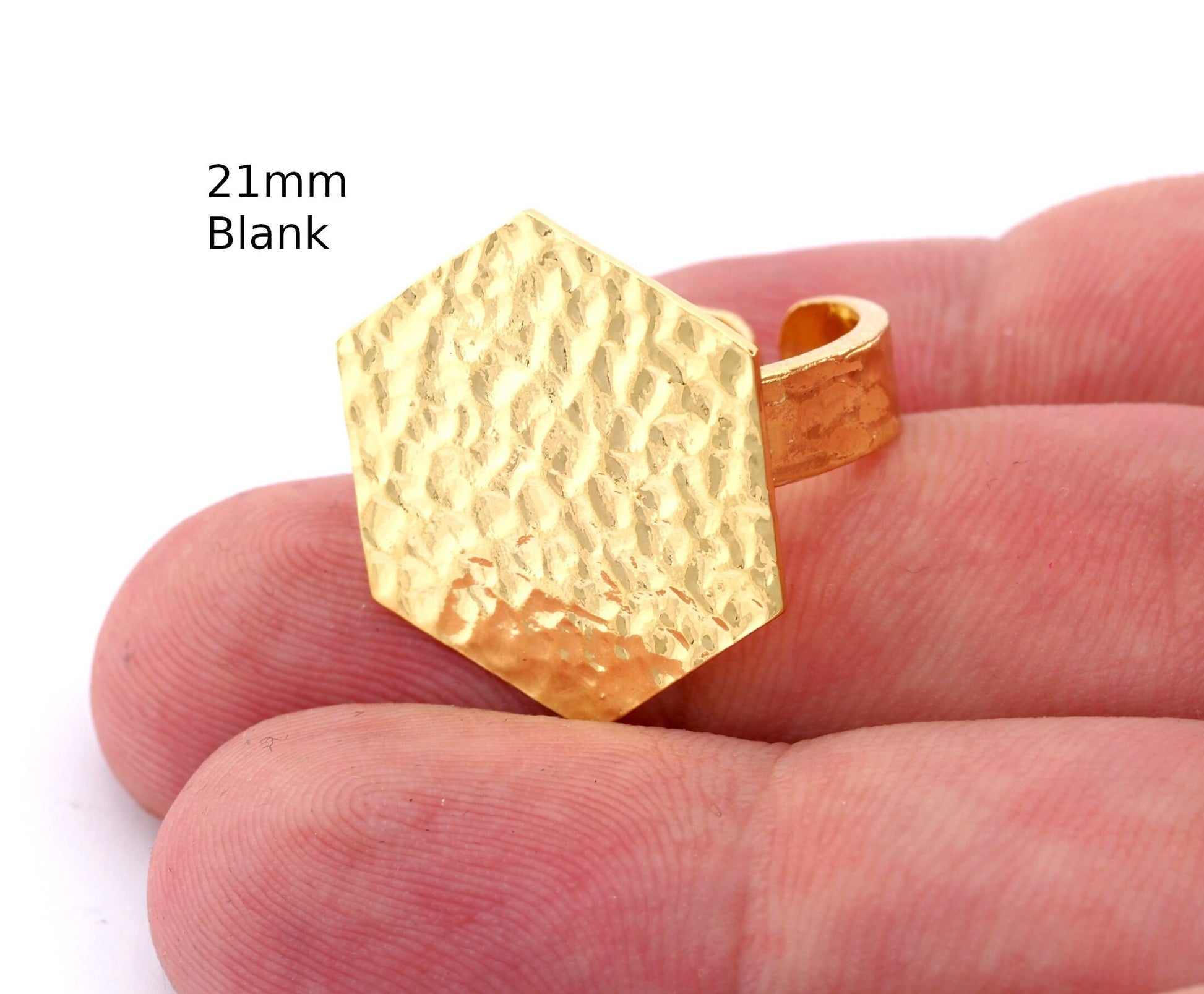 Hexagonal Hammered Adjustable Ring Blank - Shiny Gold Plated Brass (21mm Blank ) 4946
