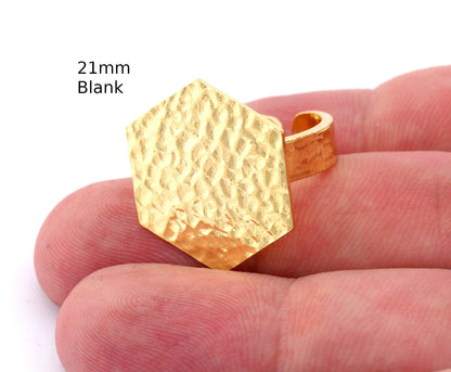 Hexagonal Hammered Adjustable Ring Blank - Shiny Gold Plated Brass (21mm Blank ) 4946