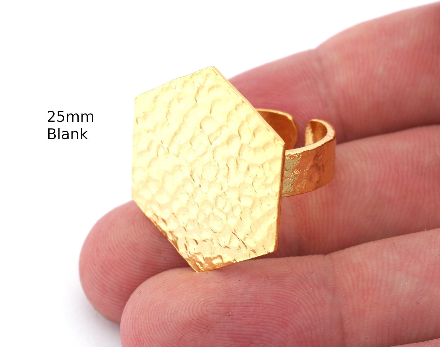 Hexagonal Hammered Adjustable Ring Blank - Shiny Gold Plated Brass (25mm Blank ) 4952