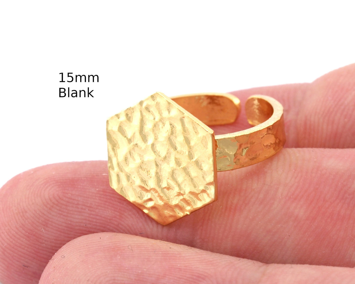 Hexagonal Hammered Adjustable Ring Blank - Shiny Gold Plated Brass (15mm Blank ) 4947