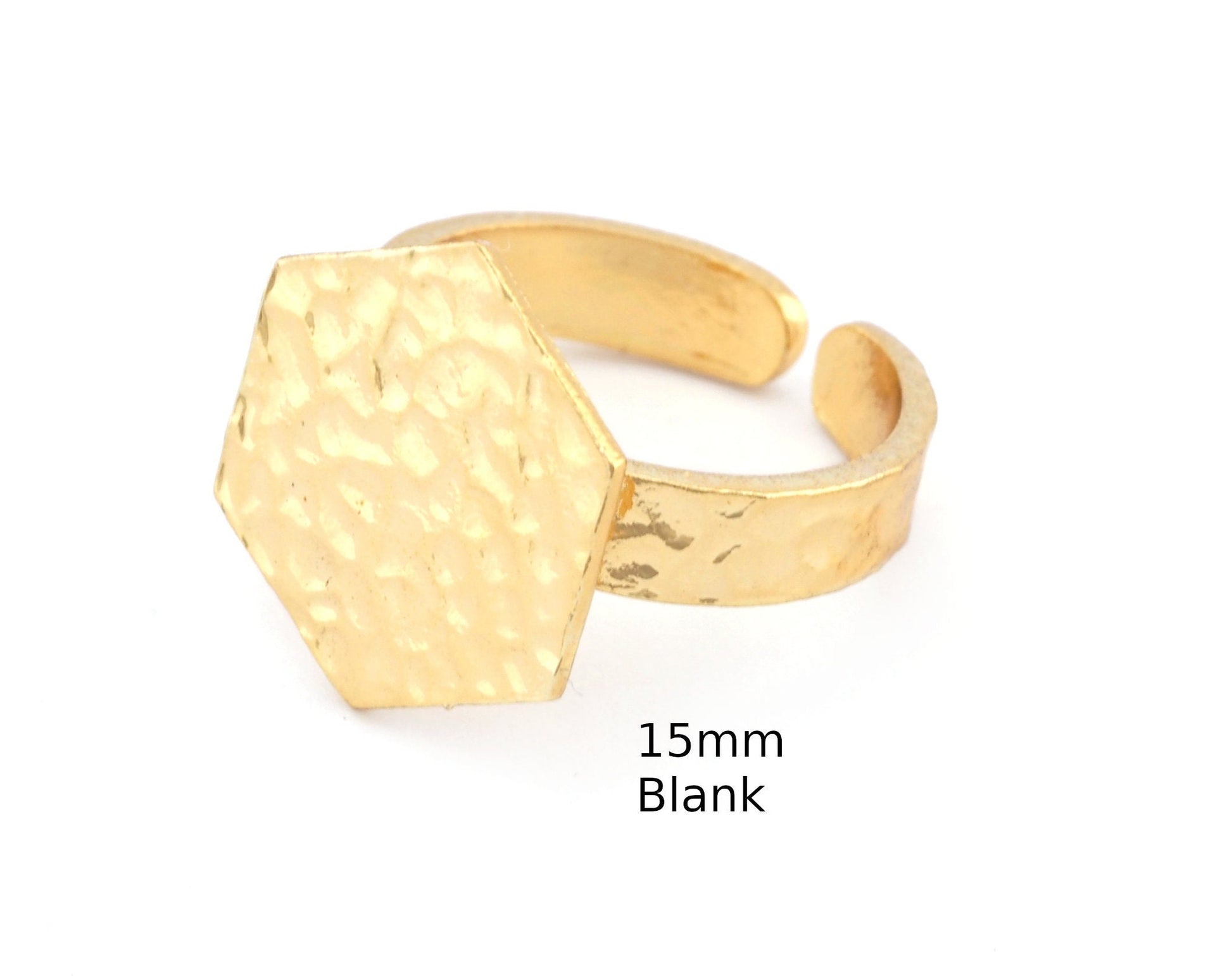 Hexagonal Hammered Adjustable Ring Blank - Shiny Gold Plated Brass (15mm Blank ) 4947