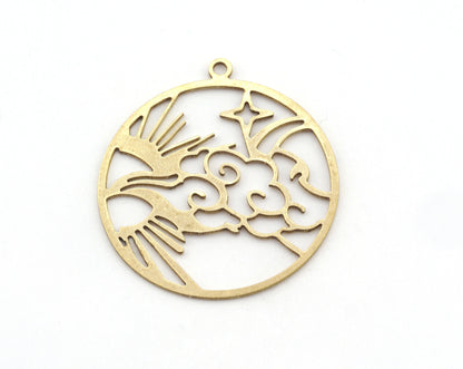 Eagle Cloud Sky star sun round charms pendant Raw Brass, 33x30mm 0.6 mm 1 hole 4929