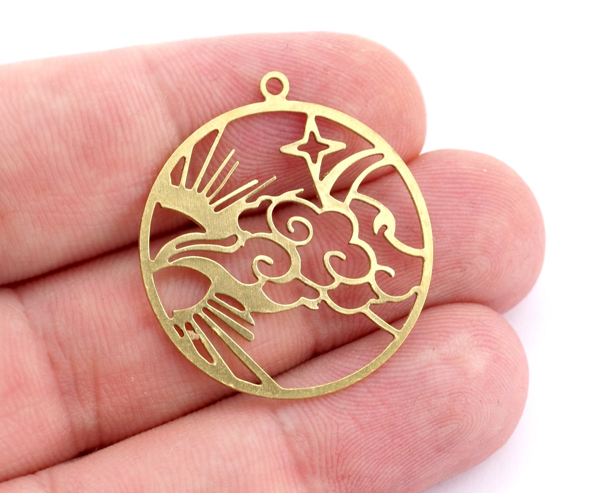 Eagle Cloud Sky star sun round charms pendant Raw Brass, 33x30mm 0.6 mm 1 hole 4929