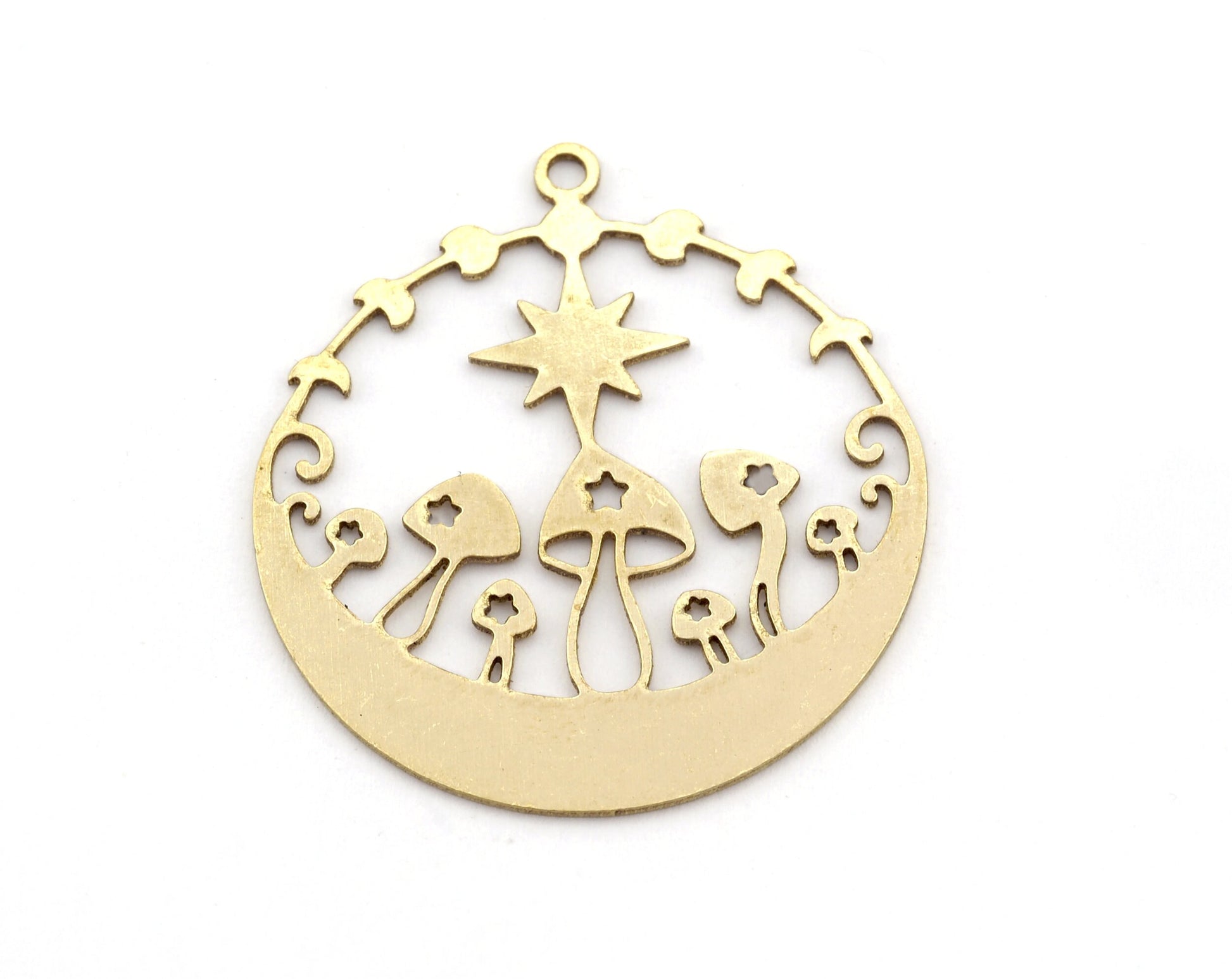 Mushrooms moon crescent north star charms pendant Raw Brass, 33x30mm 0.6 mm 1 hole 4929