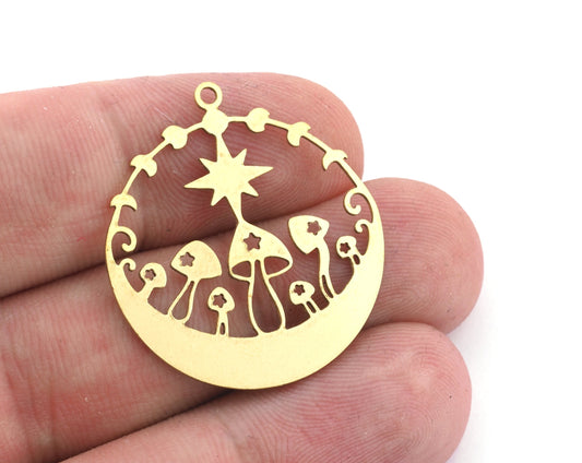 Mushrooms moon crescent north star charms pendant Raw Brass, 33x30mm 0.6 mm 1 hole 4929