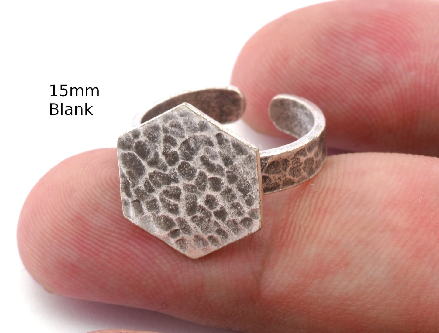 Hexagonal Hammered Adjustable Ring Blank - Antique silver plated Brass (15mm Blank ) 4947
