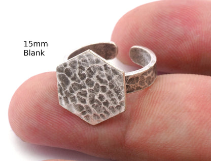 Hexagonal Hammered Adjustable Ring Blank - Antique silver plated Brass (15mm Blank ) 4947