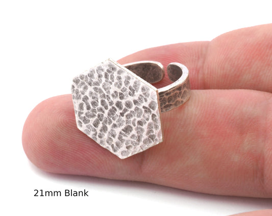 Hexagonal Hammered Adjustable Ring Blank - Antique Silver Plated Brass (21mm Blank ) 4946