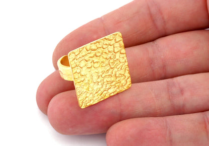 Square Hammered Adjustable Ring Blank Bezel Base - Raw Brass (23mm Blank ) 4934