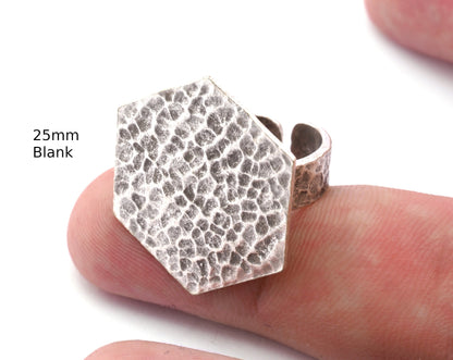 Hexagonal Hammered Adjustable Ring Blank - Antique Silver Plated Brass (25mm Blank ) 4952